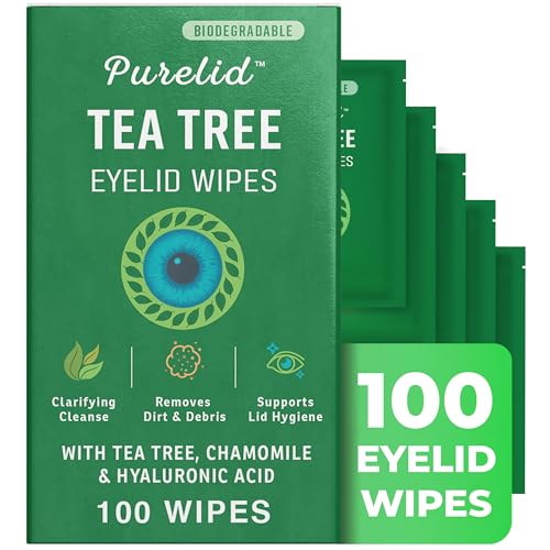 PURELID 100 Pack Tea Tree Eyelid Wipes - Gentle Eye Cleanser with Hyaluronic Acid & Chamomile for Dry Eyes & Allergies