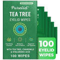 PURELID 100 Pack Tea Tree Eyelid Wipes - Gentle Eye Cleanser with Hyaluronic Acid & Chamomile for Dry Eyes & Allergies