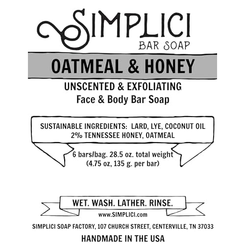Simplici Oatmeal & Honey Natural Soap (exfoliating + for sensitive skin) 6 Bar Value Bag. Palm Free.