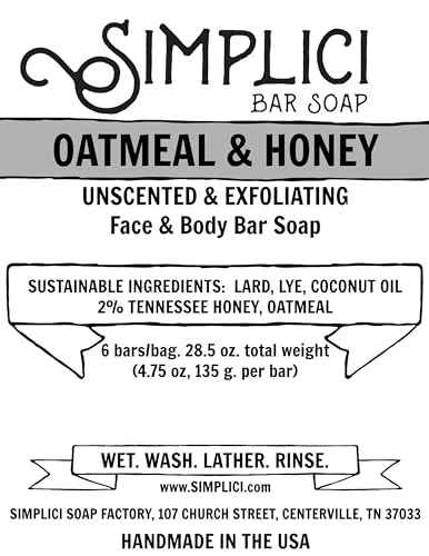 Simplici Oatmeal & Honey Natural Soap (exfoliating + for sensitive skin) 6 Bar Value Bag. Palm Free.