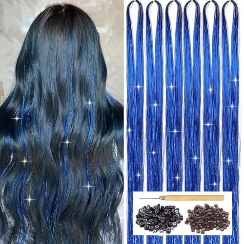 Blue Hair Tinsel Extensions Kit for Girls - Glitter Hair Strands & Tools