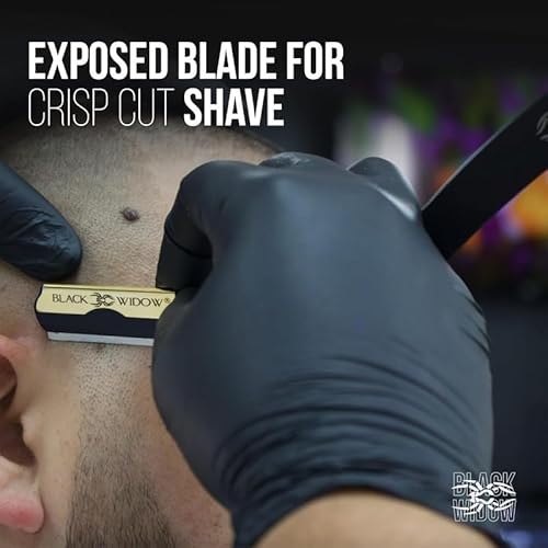 Black Widow Professional Straight Razor ? Matte Black & 24K Gold plated finish Barber Razor for Men ? Swing Lock Grip, Stainless Steel Shavette for Barbers & Beginners pack of 10 blades