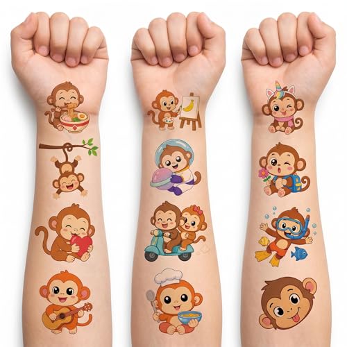 96 Monkey Temporary Tattoos for Kids - Jungle Animal Designs