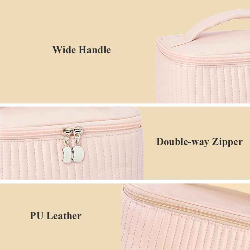 kamumanni Travel Makeup Bag, Top Open Makeup Case with Handle, Portable Cosmetic Bag with Brush Holder, Soft PU Leather Toiletry Bag for Women, Pink