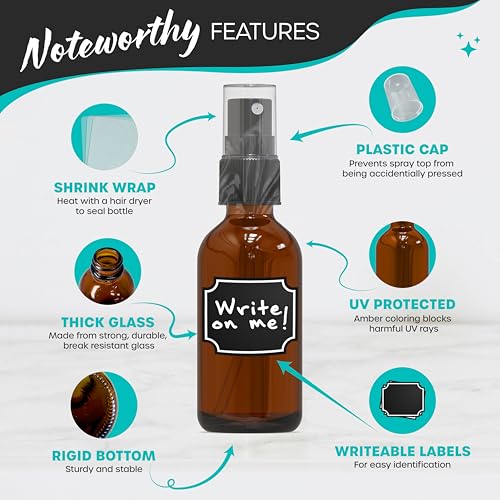Nevlers Small Spray Bottle 2 Oz 48 Pack | Amber Glass Spray Bottles for Cleaning, Oils, Perfume Alcohol & More | Mist Bottle Set w/Shrink Wrap, Funnel, Brush, Labels & Marker | Small Glass Bottles