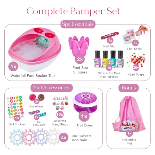 Kids Spa Day Kit for Girls, 42+ Piece Spa Toys with Waterfall Foot Spa, Nail Spa Kit, Pedicure and Manicure Accessories, Perfect Spa Kit for Girls Ages 6 7 8 9 10 11 12, Fun Birthday or Christmas Gift