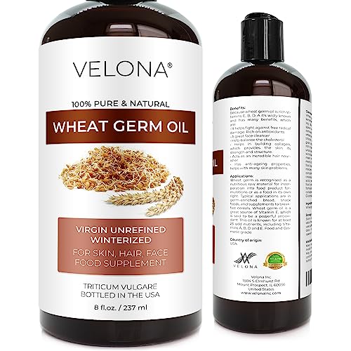 velona Wheat Germ Oil USP Grade 8 fl oz | Natural source of Vitamin E |100% Pure Carrier Oil | Unrefined, Winterized | Cooking, Face, Hair & Skin Care