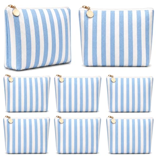 8 Pcs Blue & White Striped Canvas Makeup Bags Bulk