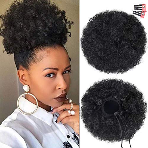 rosmile Afro Puff Clip On Synthetic Ponytail Extension for Black Women, 80gram 1B# Short Kinky Bun for Natural Hair