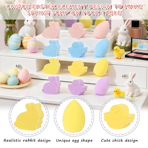 Easter Makeup Sponge Set - 12 Pcs Bunny Chick Egg Shape Makeup Blender, Soft Latex-Free Beauty Sponge for Foundation, Powder & Cream, Wet/Dry Use, Gentle Easter Presents for Women & Makeup Lovers