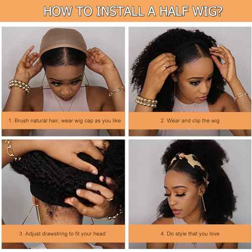 Half Wig Curly Human Hair 200 Density Upgrade 3 IN 1 Half Wigfor Black Women Kinky Curly Beginner Friendly Drawstring Seamless Flip Headband Wig 24 Inch