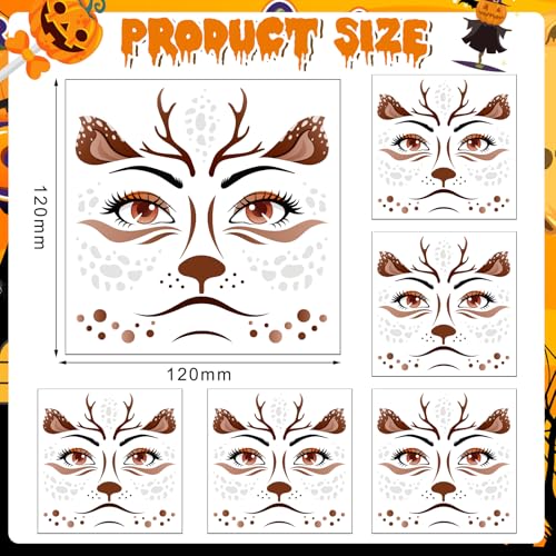 HOWAF 6 Sheets Halloween Deer Face Temporary Tattoos