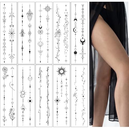 Temporary Tattoos for Women - 10 Sheets Black Flower Sketch Design