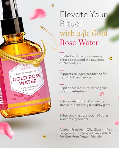 Leven Rose 24K Gold Rose Water Toner - Natural Moroccan Hydrosol for Skin, Sensitive & Anti-Aging, 4 oz