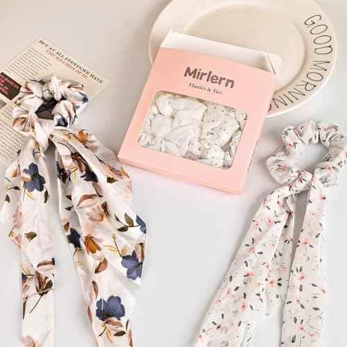 4-Piece Satin Hair Scarf Scrunchies for Women Girls, No Damage Cute Hair Ties with Bow Ribbons Ponytail Holders Elastic Rubber Bands (White Flower)