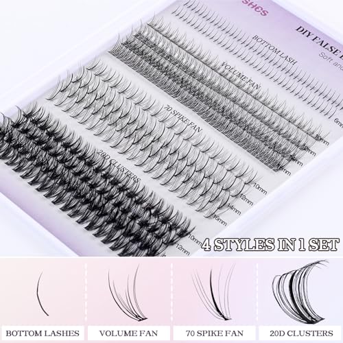 Lash Clusters D Curl Cluster Eyelash Extensions Individual Cluster with Bottom Lashes,Volume Fan,70 Spike Fan,20D Clusters,Spiky Wispy Natural Cluster Lashes Multi-type Mix DIY Lash Extensions