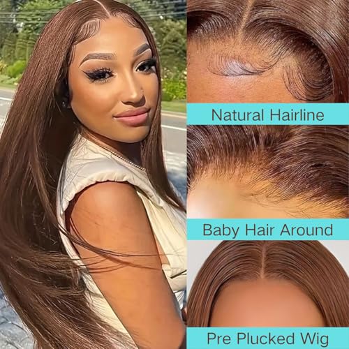 GZX 20 Inch Chocolate Brown Lace Front Wig - 13x6 HD Human Hair