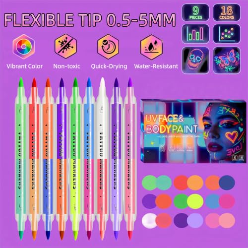 UV Neon Glow Face Paint Markers - 9 Dual-Ended, 18 Colors