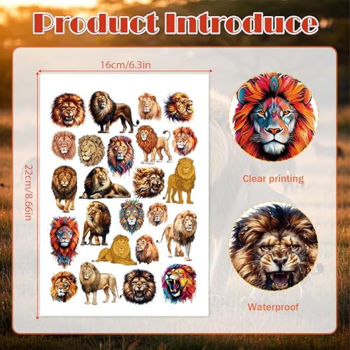 Lion Temporary Tattoo Stickers for Kids, 8 Sheets