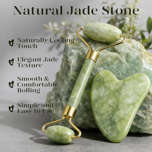Jade Roller & Gua Sha Set for Face Sculpting - Cooling Facial Massage Tool