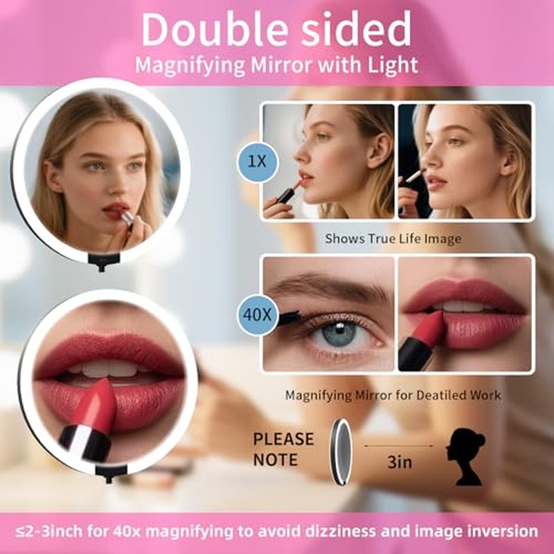 40X Magnifying Mirror with Light, Double Sided, Rechargeable