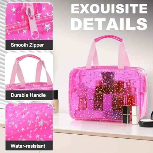 PVC Clear Makeup Bag for Women Waterproof Star Make Up Bag Toiletry Bag Travel Durable Cosmetic Bag Large Cute Tote Bag Organizer Makeup Pouch, Pink