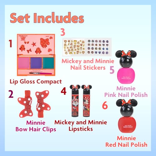 Minnie Mouse Cosmetic Makeup Set for Girls Ages 3+ | Lip Gloss, Nail Polish & Hair Clips