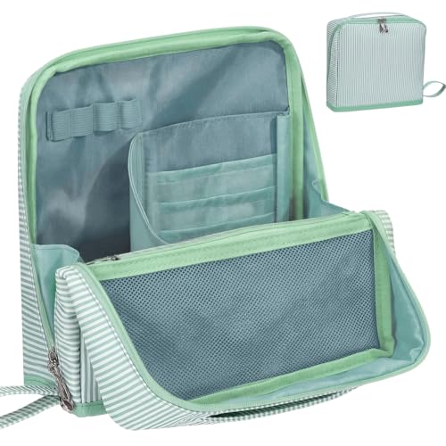 Striped Makeup Bag Large Cosmetic Bags for Women Gift with Brush Loops Mesh Pocket Wrist Strap Travel Organizer Storage Pouch Toiletry Case with Divider for Mirror(Fresh Green)