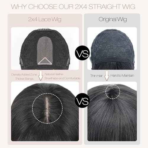 Straight Human Hair Wigs with Bangs 2x4 Lace Closure Wigs Human Hair 180% Density Drawstring Glueless Wigs Human Hair for Women Lace Front Wigs Human Hair Natural Black 22inch.