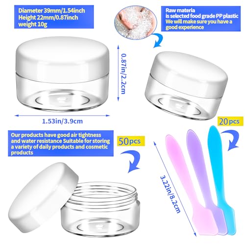 MotBach 50 Pack 10g Plastic Jars with Lids, 10ml Round Clear Cosmetic Containers Makeup Jars, Travel Size Container Jar with 20 Spatulas for Sample Lotion Cream Eyeshadow Ointment Salve Balm Powder