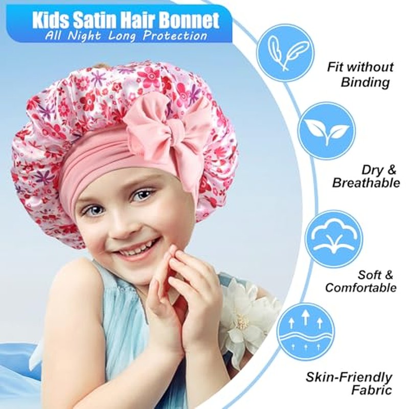 3 Pcs Kids Satin Bonnet,Soft Silk Bonnet for Kids,Kids Hair Satin Bonnet for Sleeping with Elastic Wide Band,Colorful Night Hats for Girls Toddler Teens Natural Hair(3 Colors)