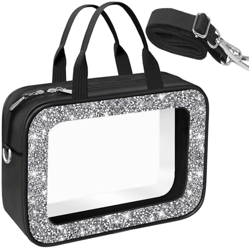 Meetart Clear Makeup Bag.Crushed Diamond Travel Toiletry Bag with Detachable Shoulder Strap.Transparent Cosmetic Bag for Travel, Bathroom Storage.(Black)