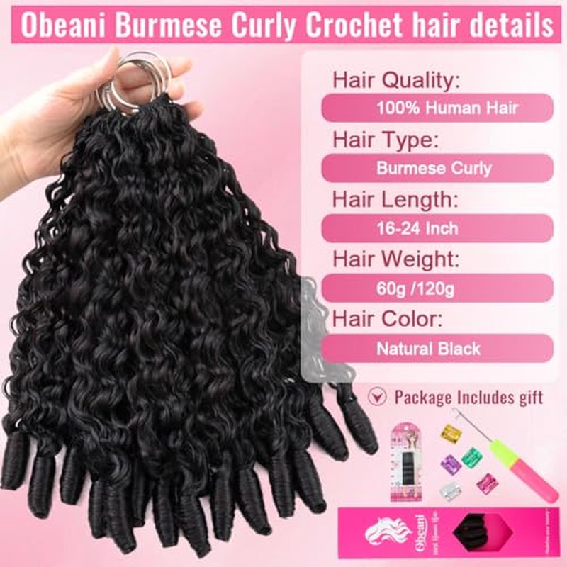20 Inch Burmese Curly Crochet Human Hair Extensions - Lightweight & Reusable