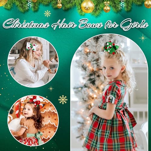 Christmas Hair Bows for Girls, Red Green White Christmas Bows Glitter Christmas Tree Santa Claus Christmas Boots Hair Clips Hair Accessories for Toddlers Kids Women Christmas Party (Christmas Bows-A)