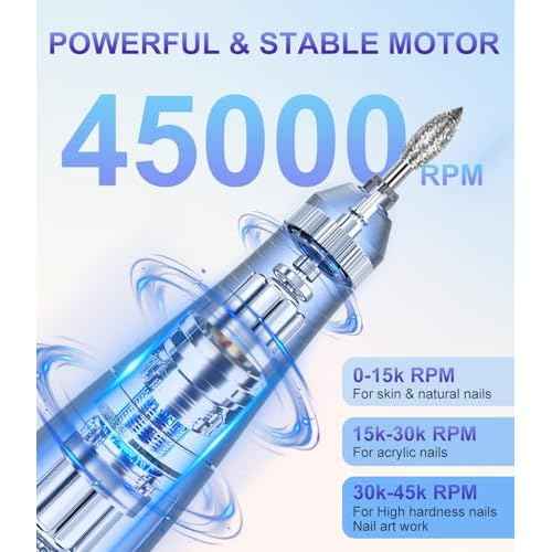 Portable Nail Drill Professional 45000 RPM, Rechargeable Electric Nail File Machine E File for Acrylic Gel Polishing Removing, Cordless E-File with Bits Kit for Manicure Salon Home