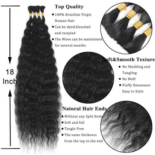 Super Wave Bulk Human Hair 100% Unprocessed Brazilian Virgin Human Hair Extensions Bundles for Braiding Hair Wet and Wave Micro Human Hair(1Pack-4PCS, 18inch Natural Black)