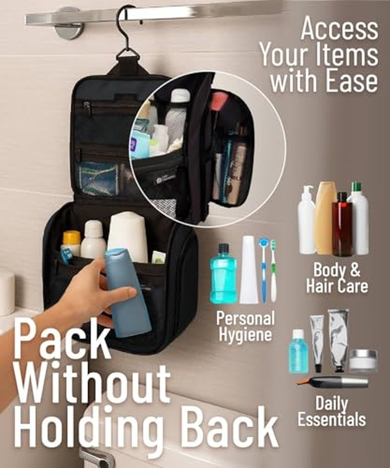 D&D Hanging Travel Toiletry Bag for Men & Women - 10 Compartments Organizer