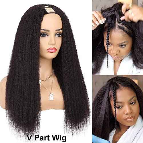 V Part Wig Human Hair Wigs for Black Women Kinky Straight V Part Wig 12A Virgin Hair Half Wigs for Women No Lace Upgrade U Part Human Hair Wigs Full Head Clip in Half Wig V Shape Wigs (14inch)