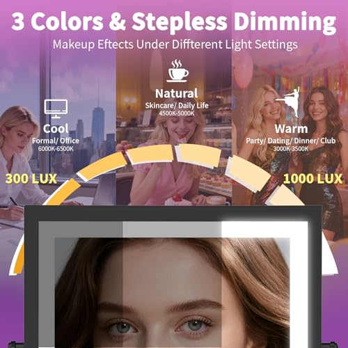 Wall Mounted Lighted Makeup Mirror, Rechargeable Double-Sided 1X/10X Magnifying Mirror with Light, Touch Dimmable 3 Color Lights, 360¡Æ Rotation Extendable Arm (Matte Black)