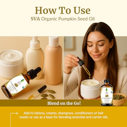 SVA Pumpkin Seed Oil Organic - 4 Fl Oz ? 100% Natural Cold Pressed Organic Pumpkin oil - for Face, Skin Care, Hair Care, Scalp Massage & Body Massage ? Carrier Oil with Dropper