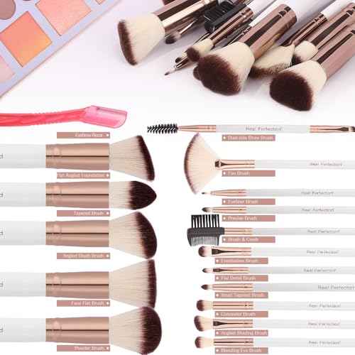 Real Perfection Makeup Brush Set 16 Pcs with 1 Eyebrow Razor Premium Synthetic Foundation Powder Concealers Eyeshadow Blush Makeup Brushes Make up Brushes Kit (White)