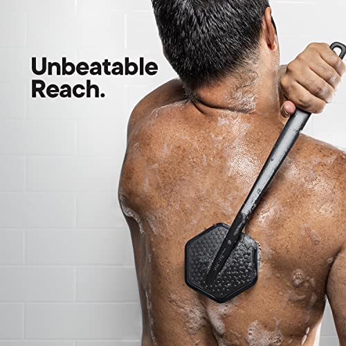 TOOLETRIES Silicone Back Scrubber - Exfoliating Shower Brush, Back Washer for Men, Durable Back Brush with Long Handle - Long Lasting Bath & Shower Accessories - Charcoal
