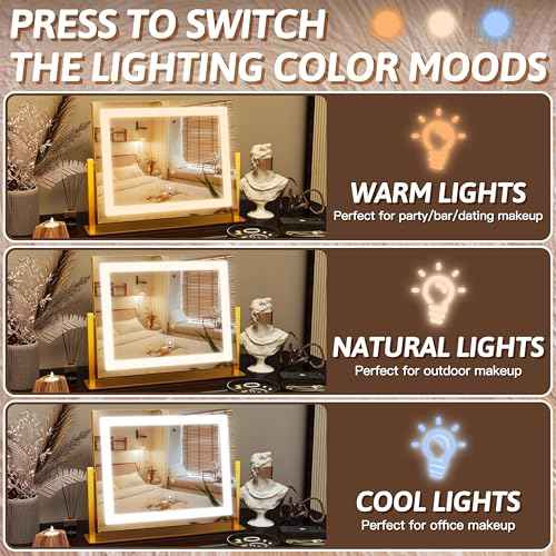 FENNIO Vanity Mirror with Lights, 12" x 16" Lighted Makeup Mirror with Smart Touch Control, 3 Color Modes & Brightness Adjustable, LED Makeup Mirror with 10X Magnification, Square Gold