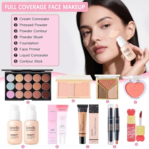 Geyomi All-in-One Makeup Kit for Women with Eyeshadow, Foundation, Lipsticks & Brushes