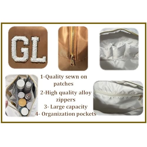 SkyTen Chenille Letter Make Up Bag Nylon Cosmetic Case Stuff Glam Stoney Clover Dupe Travel Organizer (Black, XL)