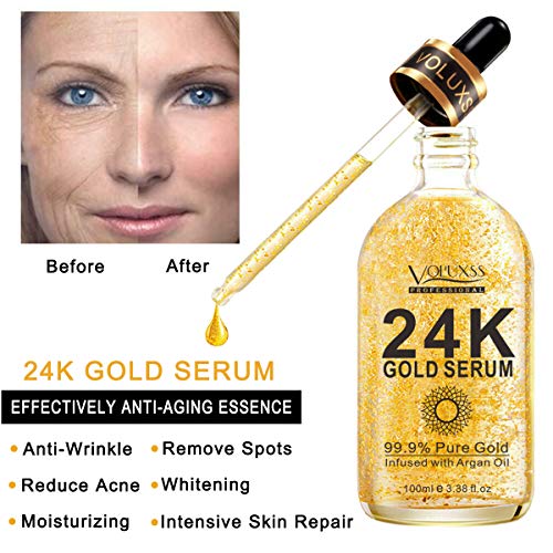 Voluxss 24K Gold Serum for Face, Skin Brightening Anti Aging Moisturizer with Vitamin C, Hyaluronic Acid & Argan Oil for Dark Spots & Fine Lines, Korean Skin Care Glow Collagen Booster Serum 3.38fl.oz