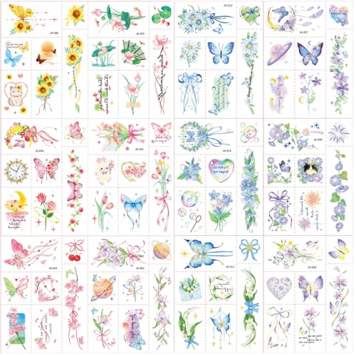 Flower Butterfly Temporary Tattoos 12 Sheet 84pc Pre-Cut
