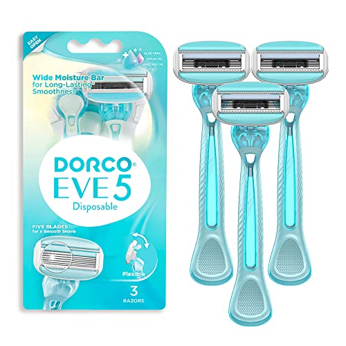 DORCO EVE 5 Women's Disposable Razors 3 Pack - Moisturizing Blade System, Travel Size, Sensitive Skin Friendly