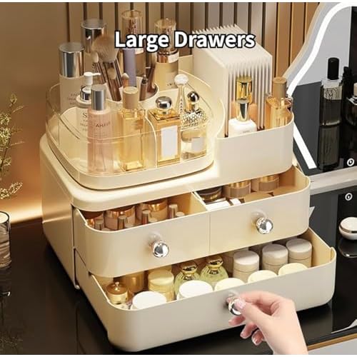 Cosmetic Organizer with 3 Drawers, Makeup Storage Display Case, White Vanity Beauty Container, Chrome Knobs