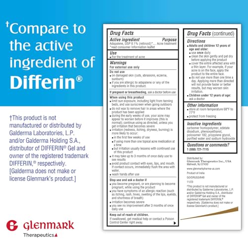 Glenmark Therapeutics Adapalene Gel 0.1% Acne Treatment, Paraben Free Topical Retinoid Cream for Face, Helps Clear and Prevent Acne and Clogged Pores, 45g Tube